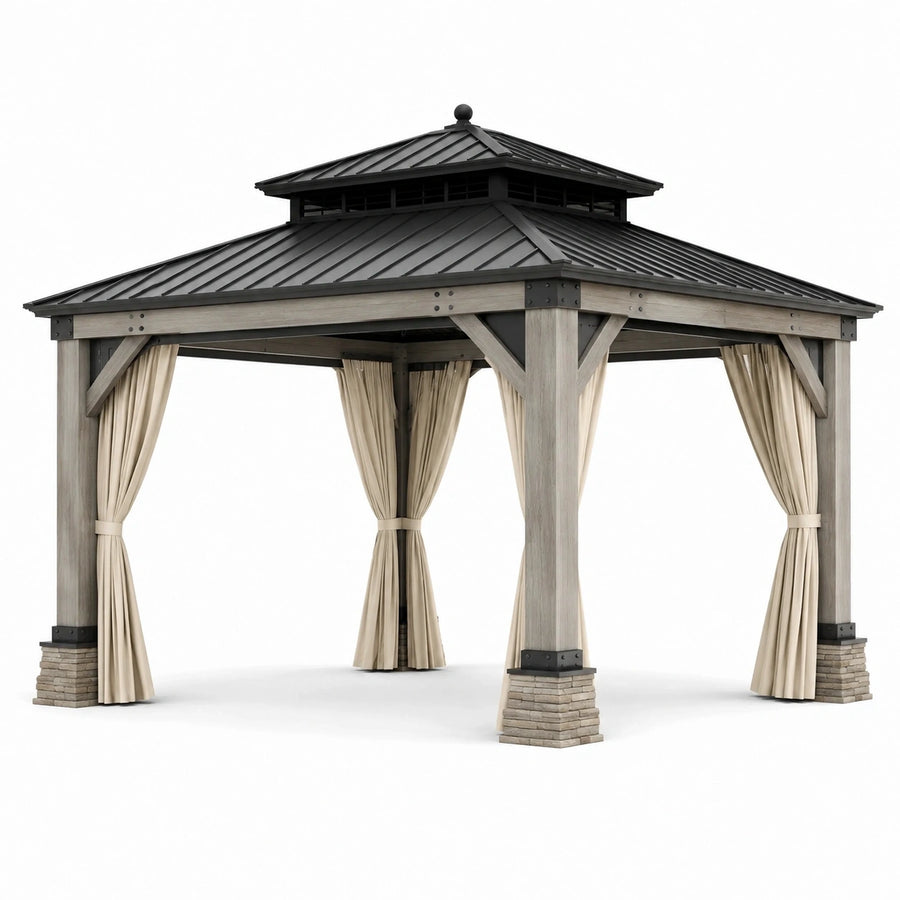 Pergola de jardin en bois gris et métal anthracite avec rideaux beiges, 365 × 365 × 320 cm
