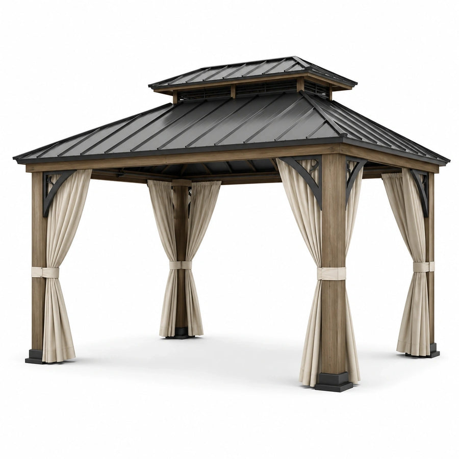 Tonnelle de jardin 360 × 300 × 310 cm en bois brun avec toit rigide anthracite et rideaux beiges
